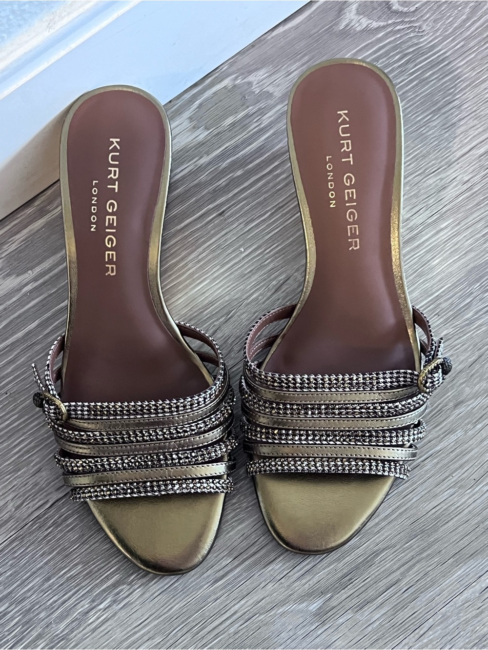 Kurt Geiger Metallic Gold Multi-Strap Slide Mules